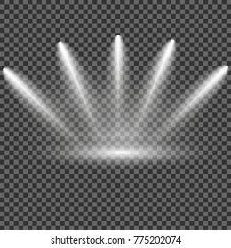 Realistic white gray glowing spotlights on transparent laid background. Theater studio, scene illumination. Magic, bright, gradient light effects. Vector illustration for your design and business.