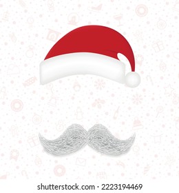 Realistic white gray mustache, holiday hat, Santa Claus element, Christmas New Year on red background - Vector illustration