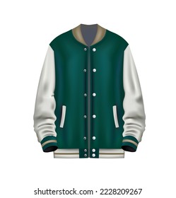 Realistic white and green baseball jacket, vector