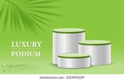 Realistic white green cylinder  3D room pedestal podium set palm leaf shadow overlay minimal scene product display presentation stage for showcase vector illustration.