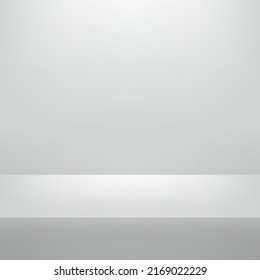 Realistic white and grey background. Minimal 3d shelf. Space for displaying products. Empty room with spotlight effect. Room in the 3d. Vector illustration.