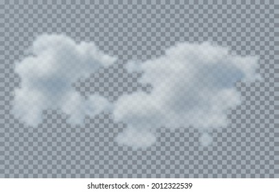 Realistic white and grey fluffy cloud on blue transparent background. White cloudiness, mist or smog background. Nature outdoor. Cloud shape. Vector illustration