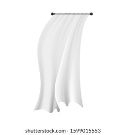 Realistic white hanging curtain blowing in the wind. Textile interior decoration with flowing semi-transparent fabric isolated on white background - vector illustration.