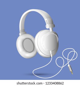 Realistic white headphones on a blue background. Vector illustration