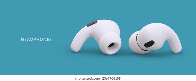 Realistic white headphones on blue background. Modern device for listening to music. Poster for store with mobile accessories. Vector illustration in white and blue colors