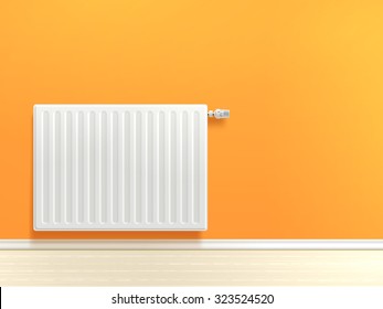 Radiador de calefacción blanco realista en la pared naranja de la pared de la pared vectorial ilustración