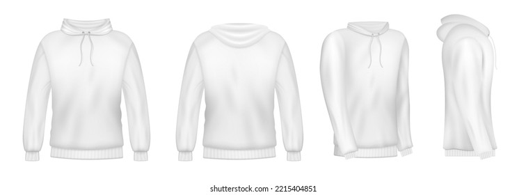 Realistic white hoodie for man. Men sweatshirt with long sleeves and drawstring. Mockup of male jacket or sweater with hood. Front, side and back of sport or urban uniform. Vector illustration