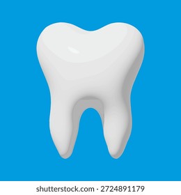 Realista ilustração do vetor de dente humano branco sobre fundo azul. Molar dentário saudável com raízes. Símbolo de estomatologia 3D para projeto de clínica, higiene e cuidados médicos de odontologia.