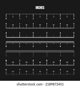 Realistic white inch scale for measuring length or height. Various measurement scales with divisions. Ruler, tape measure marks, size indicators. Vector illustration