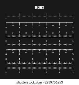 Realistic white inch scale for measuring length or height. Various measurement scales with divisions. Ruler, tape measure marks, size indicators. Vector illustration