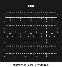 Realistic white inch scale for measuring length or height. Various measurement scales with divisions. Ruler, tape measure marks, size indicators. Vector illustration