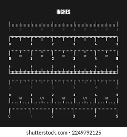 Realistic white inch scale for measuring length or height. Various measurement scales with divisions. Ruler, tape measure marks, size indicators. Vector illustration