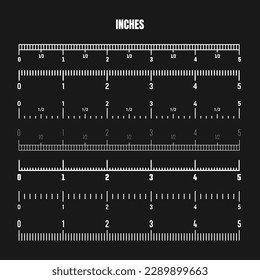 Escala de pulgada blanca realista para medir la longitud o la altura. Varias escalas de medición con divisiones. Regla, marcas de medida de cinta, indicadores de tamaño. Ilustración del vector