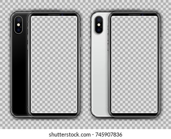 Realistic White and Jet Black Slim Smartphone isolated on Transparent Background. Front, and Back View Display. High Detail Device Mockup Separate Groups and Layers. Easily Editable Vector EPS 10.