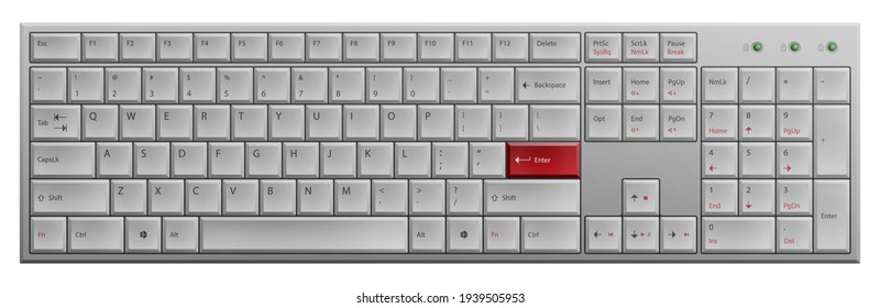 realistic white keyboard with red accent color enter key and led lock indicators