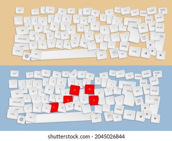 Realistic white keys of broken computer keyboard are sprinkled on table. Chaos and confusion in workplace. Vector for any color of background