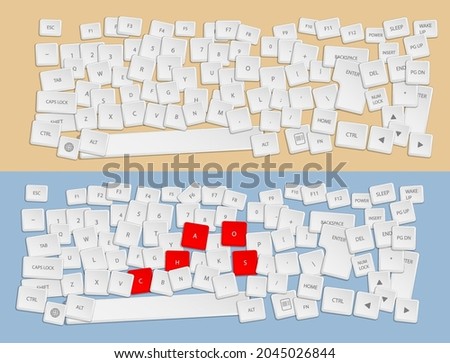 Realistic white keys of broken computer keyboard are sprinkled on table. Chaos and confusion in workplace. Vector for any color of background