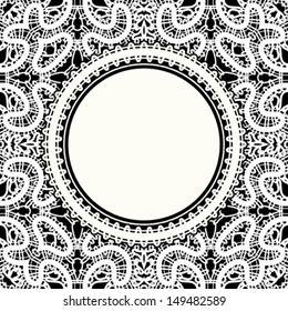 Realistic white lace, round vector frame template on black