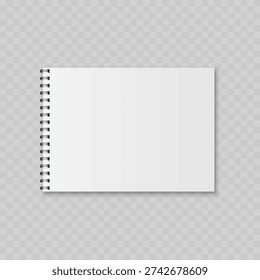 Realistic White Landscape Notebook Mockup. Vector Horizontal Spiral Sketchbook Template with Blank Page