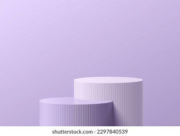 Realistic white and lavender purple 3D cylinder pedestal podium background. Vector 3D render abstract geometric platforms. Wall minimal scene mockup products stage showcase, Banner promotion display.