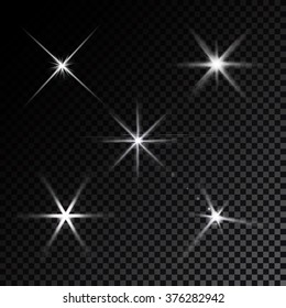 Lente blanca realista bengalas luces estrella y elementos brillantes ilustración vectorial de fondo negro