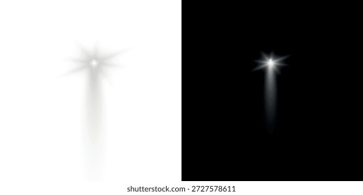 Efecto de luz blanca realista aislado sobre un fondo transparente. Rayos blancos. Vigas de lámpara. Luz Abstractas. Volando polvo brillante. Radiación desde arriba. Ilustración vectorial. EPS 10
