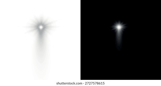 Efecto de luz blanca realista aislado sobre un fondo transparente. Rayos blancos. Vigas de lámpara. Luz Abstractas. Volando polvo brillante. Radiación desde arriba. Ilustración vectorial. EPS 10
