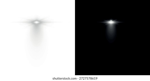 Efecto de luz blanca realista aislado sobre un fondo transparente. Rayos blancos. Vigas de lámpara. Luz Abstractas. Volando polvo brillante. Radiación desde arriba. Ilustración vectorial. EPS 10

