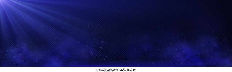 Realistic white light and smoke png isolated on dark blue background. Transparent rays falling from night sky on ground wrapped in fog, sparkling dust particles flying in air. Vector illustration