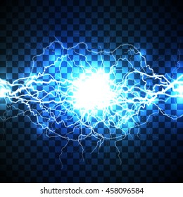 Realistic white lightning bolt created from intertwined white lightnings and surrounded with shining blue lights on blue background. Can be used for print products, page and web decor or other design.