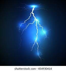 Realistic white lightning strike surrounded with shining blue lights on blue background. Can be used for company logos, business identity, print products, page and web decor or other design.