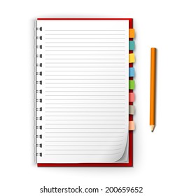 Realistic White Lined Notepad With Bookmark Reminders And Pencil Isolated On White Background Vector Illustration