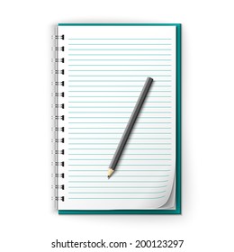 Realistic white lined notepad and pencil sheet isolated on white background vector illustration.