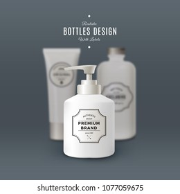 Realistic White Liquid Soap Dispenser. Vector Bottles with Vintage Labels. Product Packaging Design. Plastic Container Mock Up.