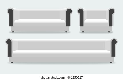 Realistic white long soft sofa. Luxury couch and armchair set. Vector modern furniture for living room, office or lounge.