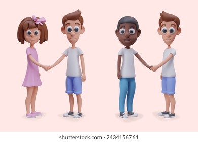 Hombre blanco realista que da la mano a la mujer, hombre de piel oscura