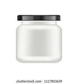 Realistic white matt glass matt jar with black lid for cosmetics - body cream, oil, scrub, gel, powder. Realistic packaging mockup template. Medical container. Vector illustrations.