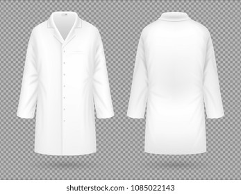 Realistic white medical lab coat, hospital professional suit vector template isolated. Illustration of uniform for doctor hospital and medical staff - Shutterstock ID 1085022143