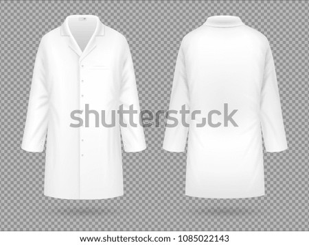 Realistic white medical lab coat, hospital professional suit vector template isolated. Illustration of uniform for doctor hospital and medical staff
