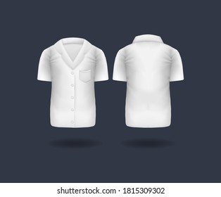 Realistic white medical T-shirt, lab uniform, doctor medical laboratory clothes, hospital professional suit on dark background isolated vector. Realistic doctor coat mockup.