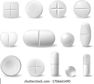 Realistic white medicine pills. Pharmaceutical painkiller drugs, antibiotics, vitamins capsule. Chemical healthcare treatment vector icons set. Illustration pharmaceutical, medicine white product