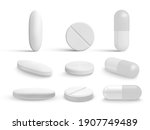 Realistic white medicine pills and tablets isolated on white background. Healthcare template. Vector illustration