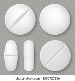 Realistic white medicine pills and tablets isolated on transparent background. Pharmaceutical design object. Healthcare template. EPS 10