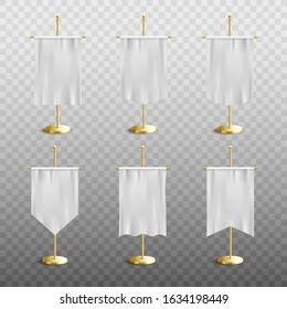 Realistic white medieval pennant display set with blank mockups of silk banner flags with different shapes hanging on golden posts - isolated vector illustration