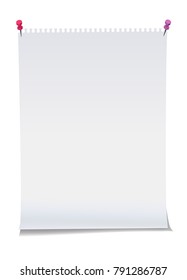 Realistic white memo stickers mockup. White squared note, notebook, copybook paper stripes stuck with push pins and clips sticky notes paper sheets templates, reminders. Vector illustration stock.