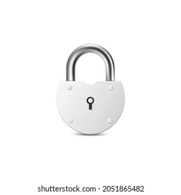 Realistic white metal padlock isolated on white background - isolated little closed iron lock with rivets and keyhole. Vector illustration.