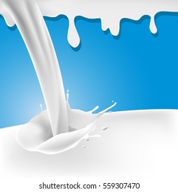 Realistic white milk drop splash 3D. Blot on blue background. Package design of dairy products. Flavored milk label template. Vector Illustration. Milk splat template, liquid drops.