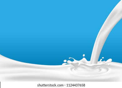 Realistic white milk pouring down and splash on blue background. Vector illustration design.