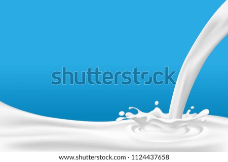 Realistic white milk pouring down and splash on blue background. Vector illustration design.