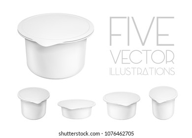 Realistic white mock up blank plastic containers for yogurt. Illustrations isolated on white background. Graphic concept for your design